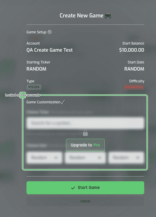 Create New Game modal showing Game Setup with a random starting ticker and date, and a locked Game Customization section