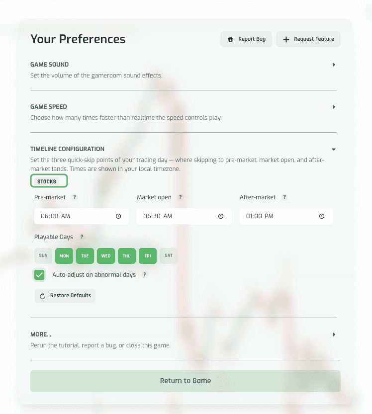 Preferences panel with the Stocks Timeline Configuration card expanded, showing Pre-market, Market open, and After-market time fields, Playable Days pills, and the Auto-adjust checkbox