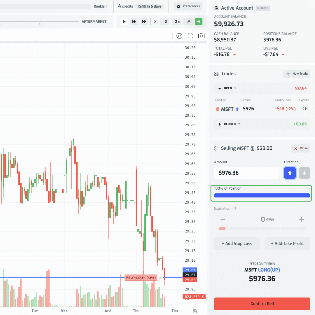 Sell ticket prefilled to 100% of the position, ready to confirm a full close