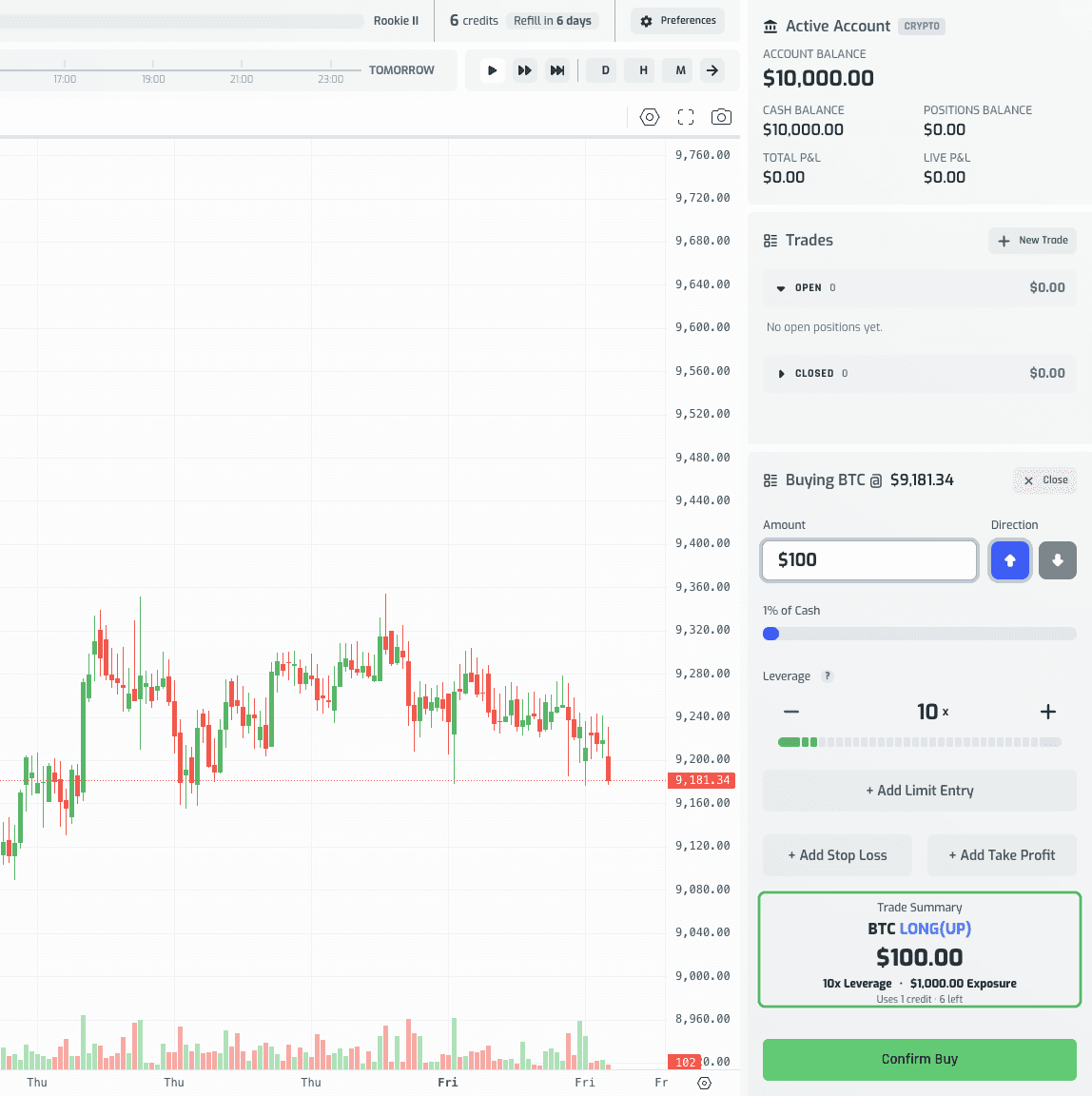 Trade summary showing 10x leverage and $1,000.00 exposure on a $100 amount