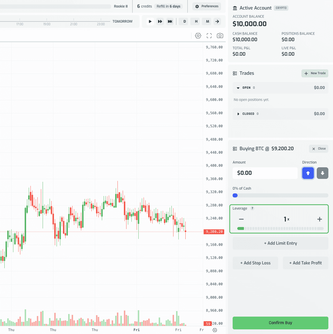 Leverage control on the crypto trade ticket, defaulted to 1x