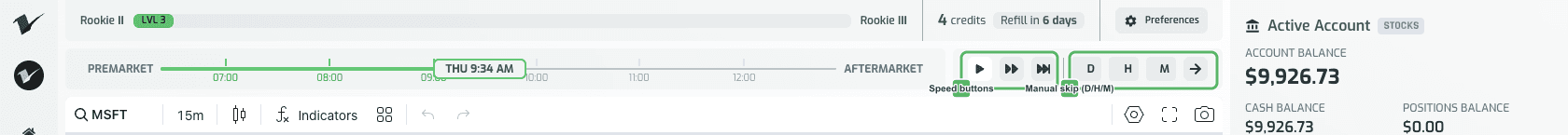 Gameroom header showing the timeline bar, speed controls, and D/H/M skip inputs