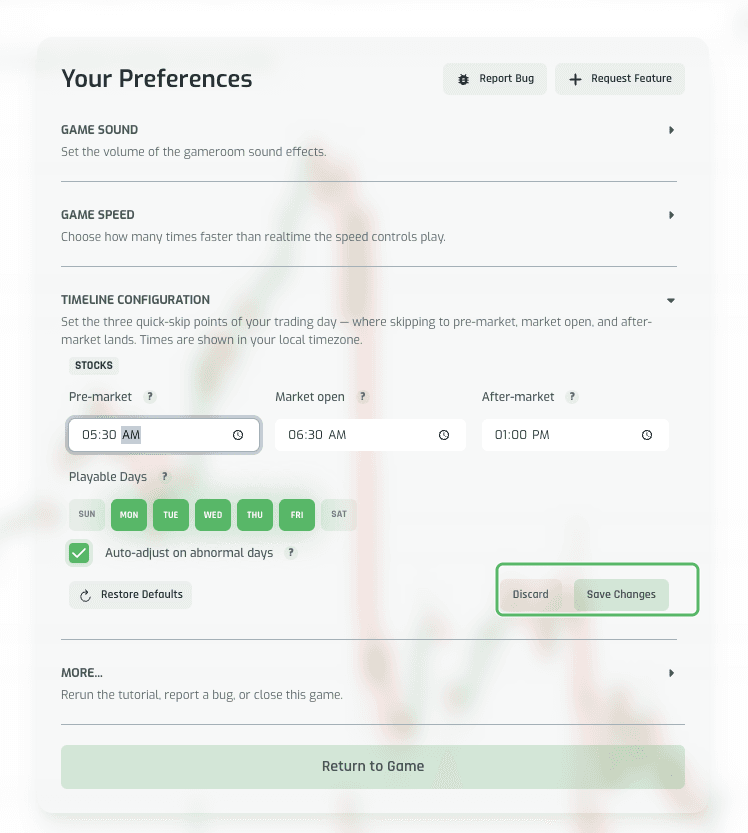 Pre-market time field being edited, with the Discard and Save Changes footer visible