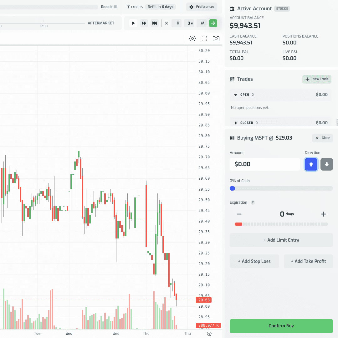 Market order buy ticket showing amount, direction, and trade summary