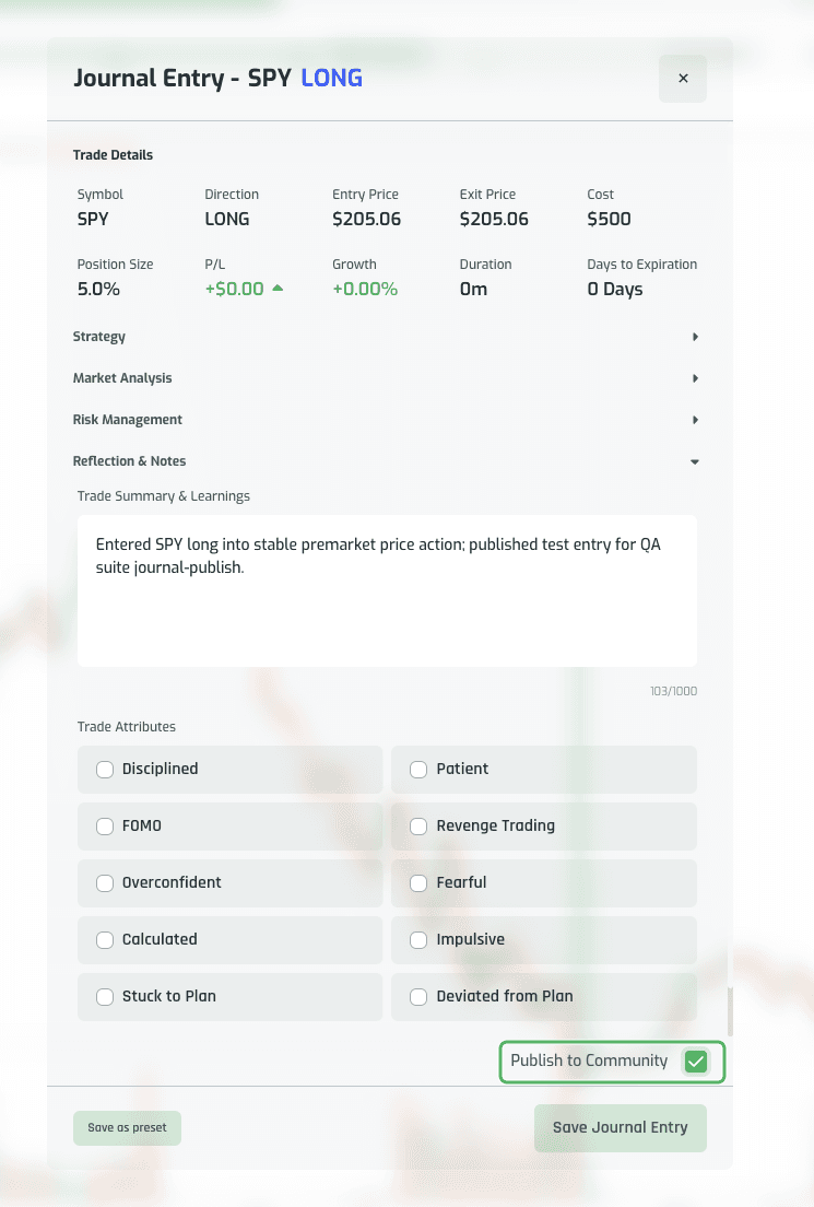 Journal Entry modal with Publish to Community checked