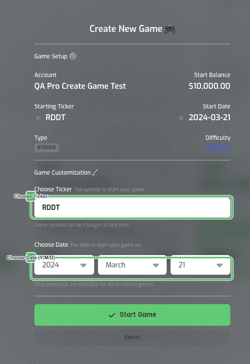 Game Customization panel with a searched ticker (RDDT) and specific Year/Month/Day dropdowns for a Pro account